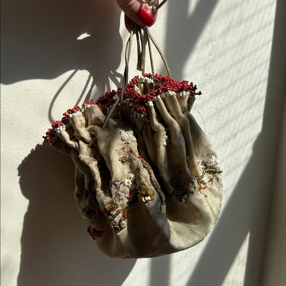 Cutest bead embellished satin and taffeta party purse or cosmetic jewelry bag